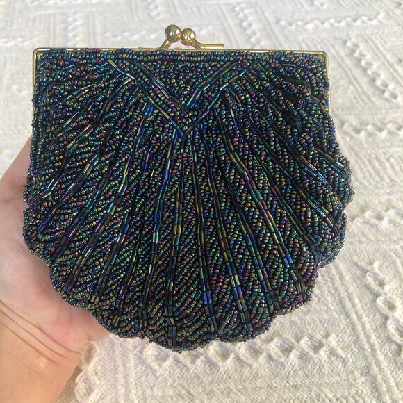 VTG 90s Beaded Shell Evening Bag Iridescent Peacock Beads Gold Frame Chain Strap - Picture 1 of 7